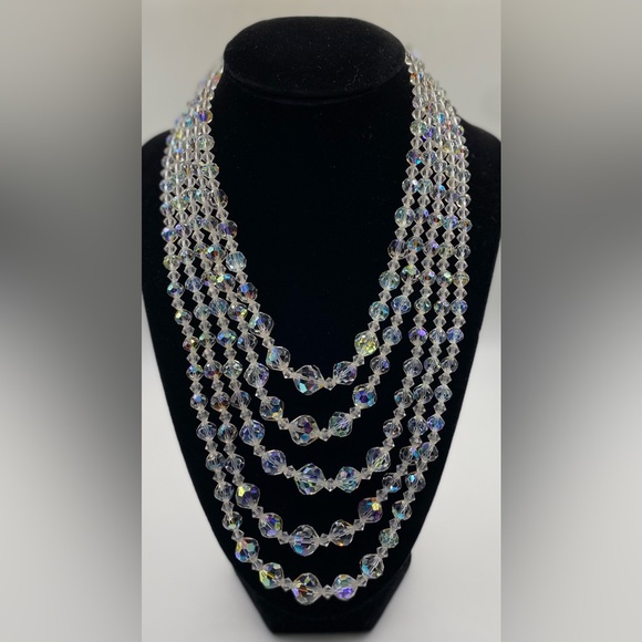 Aurora Borealis AB Five Strand Faceted Crystal Glass Choker Necklace Vintage - Picture 4 of 12